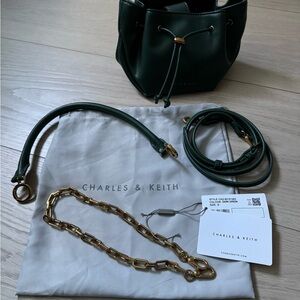 Charles & Keith Dark Green Mini Bucket Bag with Gold Chain